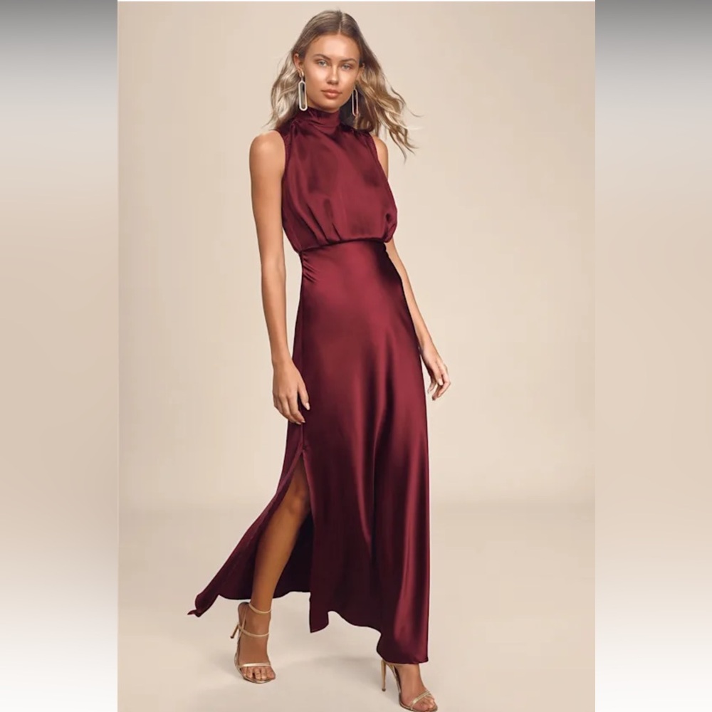 Lulu's Wine High Neck Double Slit Wedding Guest Dress - NWT